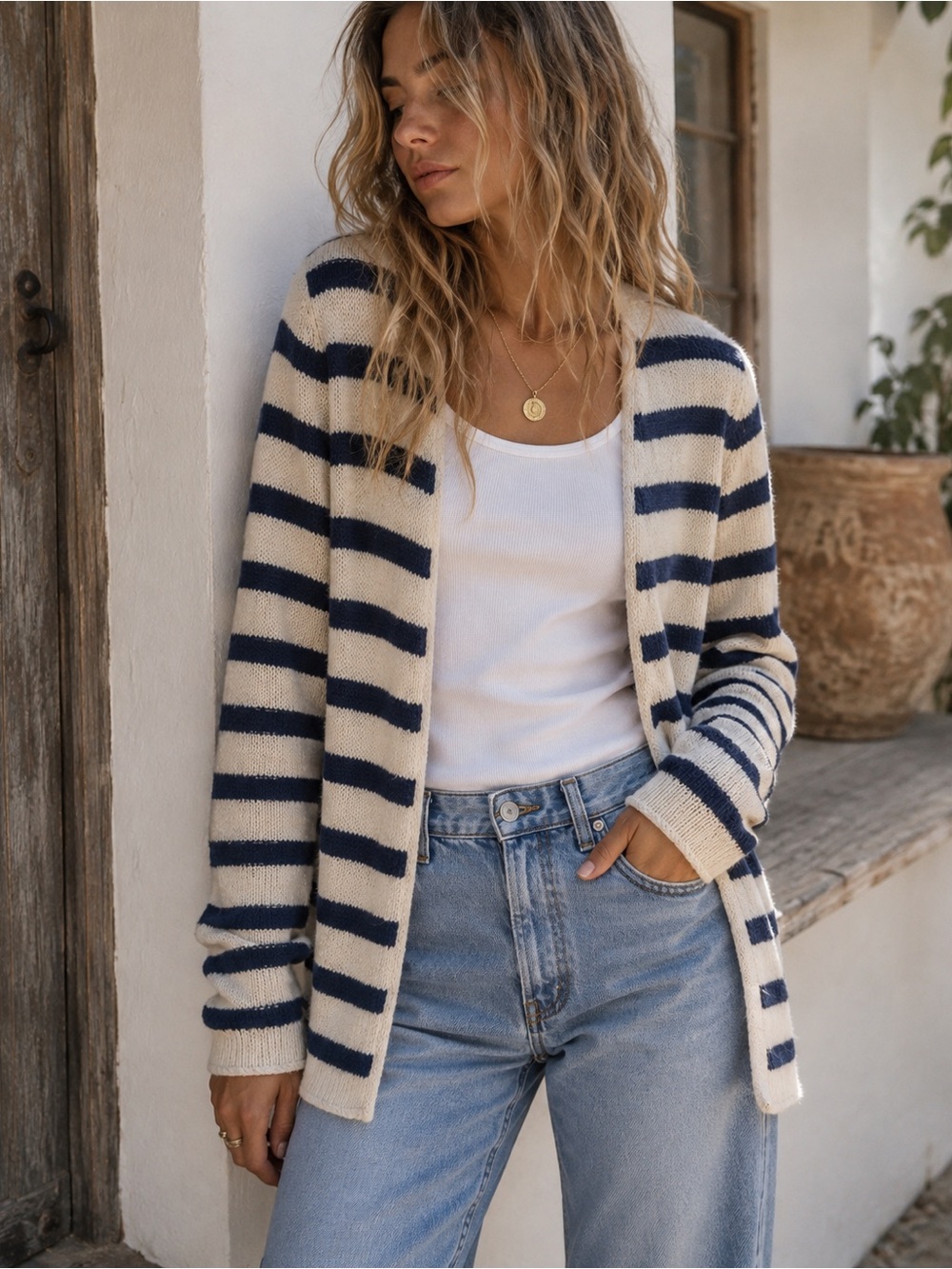 The Elder Statesman 100% Cashmere Striped Open Front Cardigan Cream Navy